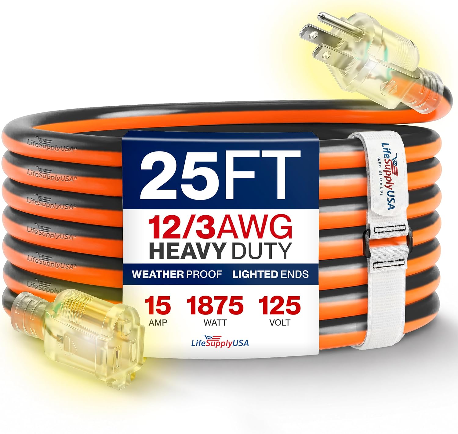 25ft Outdoor/Indoor Extension Cord 12/3 Gauge Extra Heavy Duty 3 Prong SJTW, Waterproof, Flexible Cold-Resistant Long Power Cord,15A 125V 1875W, Orange and Black by LifeSupplyUSA