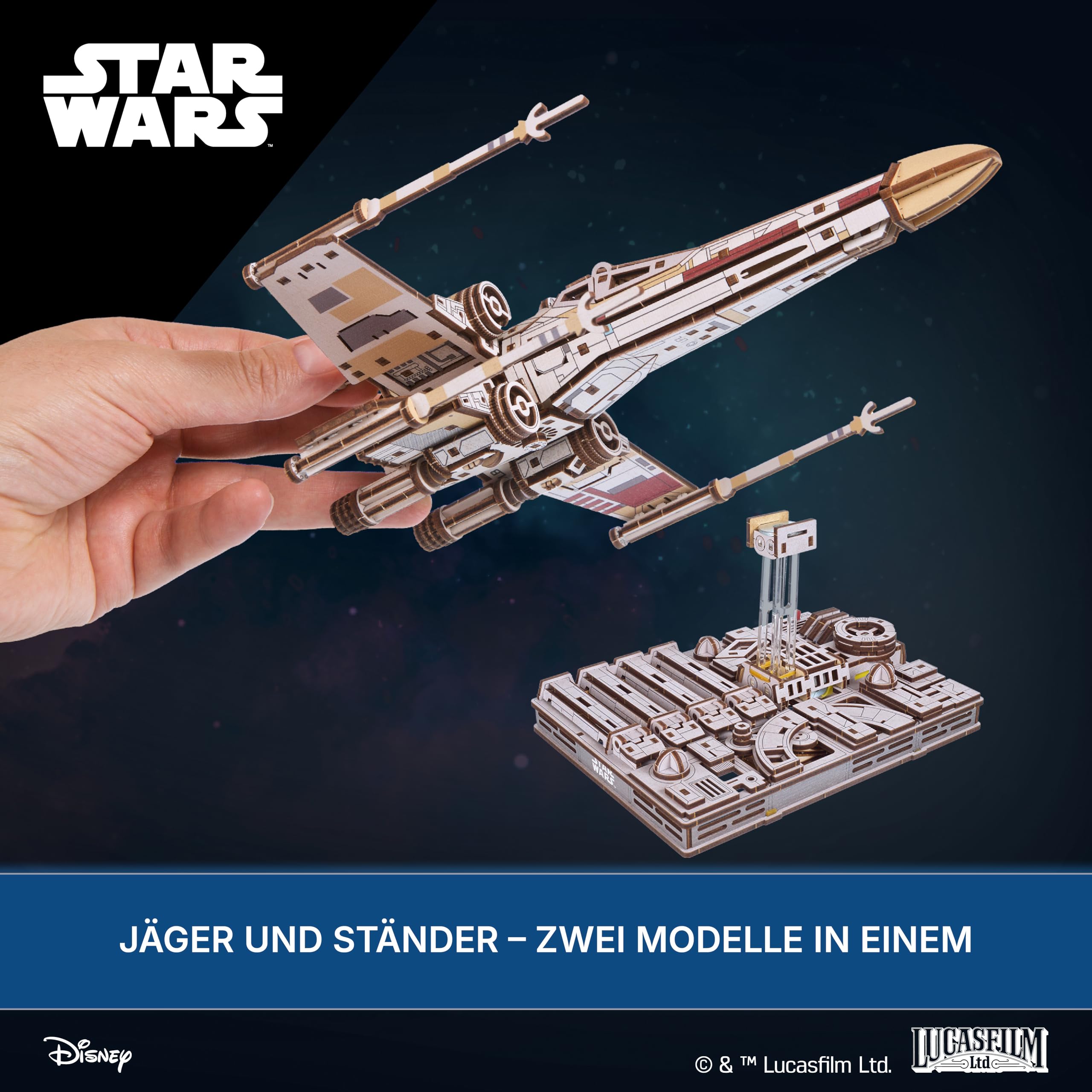 UGEARS Star Wars ™ X-Wing Starfighter von Luke Skywalker ™ – 3D Puzzle Holz Modellbausatz Erwachsene, Holzpuzzle Erwachsene 3D, Holz Modellbau Baukasten, Star Wars Geschenk 3D Puzzle Weihnachten