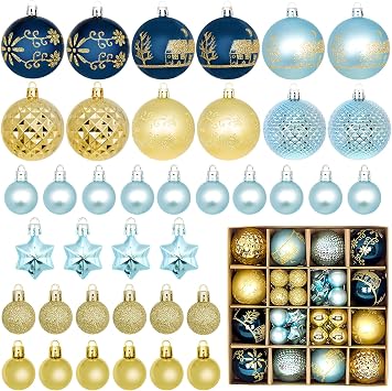 44 Piece Blue Gold Christmas Baubles Set, Shatterproof Mixed Size Ball