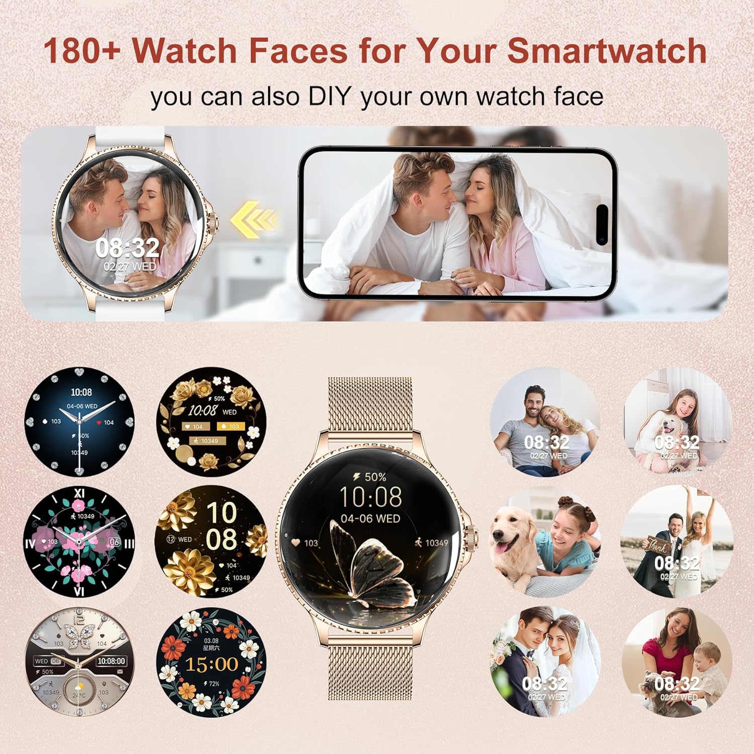 Smart Watches for Women (Answer/Make Calls),1.27" AMOLED Smartwatch with Heart Rate/Sleep Monitor,120+ Sport Modes Fitness Tracker with Bluetooth for iOS/Android Rose Gold