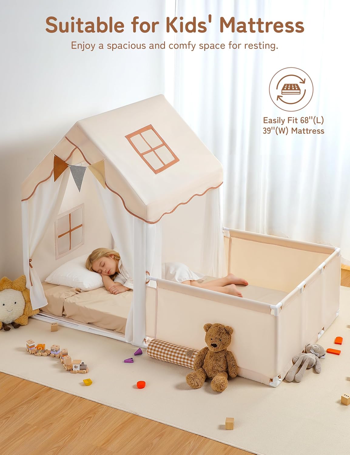 besrey Kids Play Tent with Enclosure, Toddler Tent 2 in 1 with Padded Mat and Lights, Large Playhouse for Kids, Indoor & Outdoor, Christmas Toddler Playhouse, 69" x39" x 53"