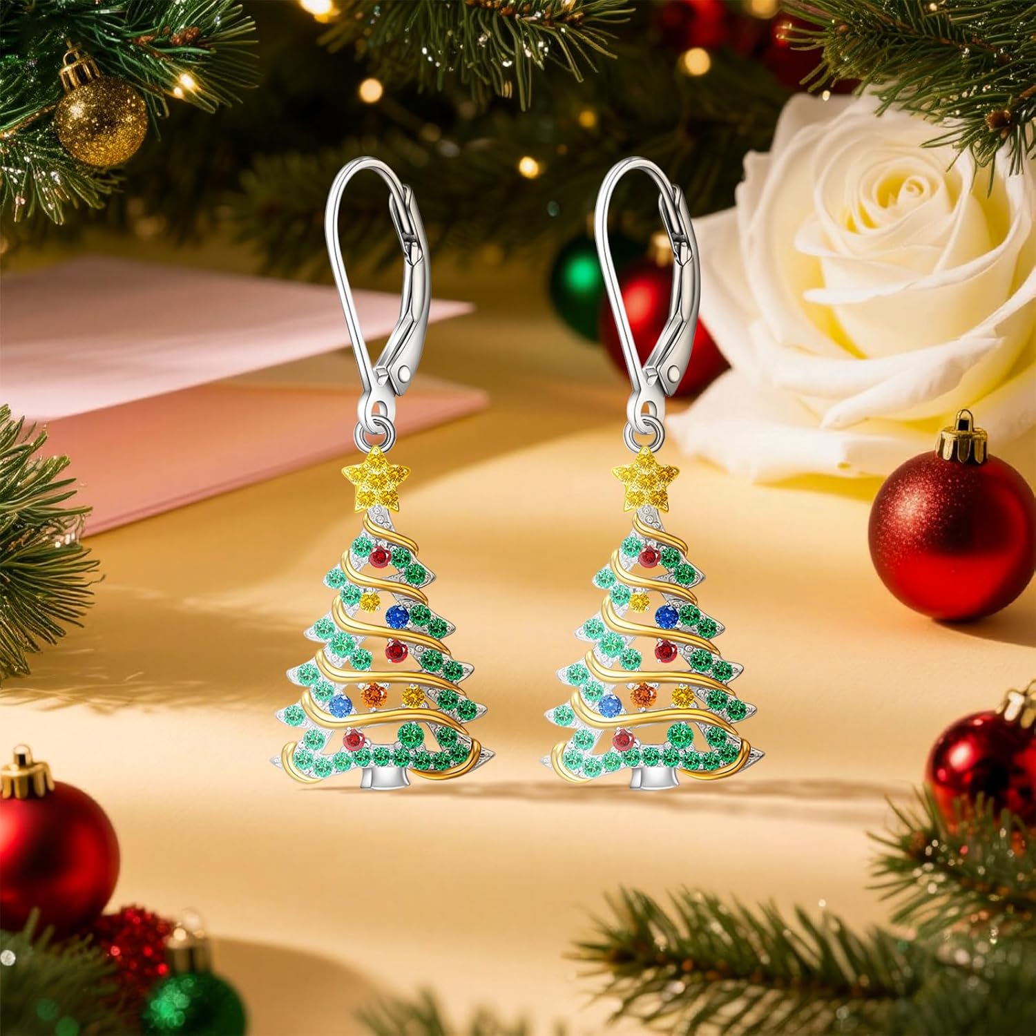 Christmas Earrings Christmas Tree Earrings for Women Sterling Silver Ribbon Green Xmas Tree Colorful Zircon Winter Dangle Studs Holiday Jewelry Gifts - Image 3