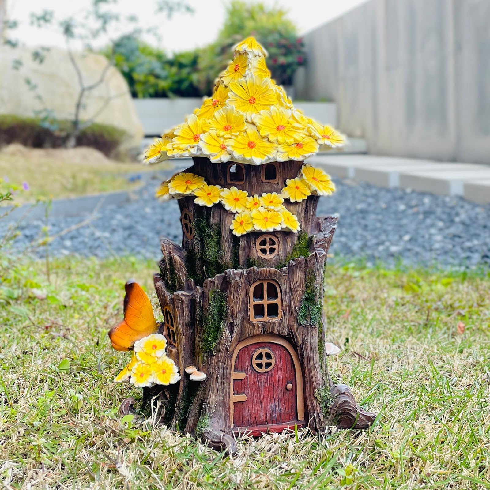 Solar Fairy House, Fairy Garden Decor House, Solar Powered Lights Garden Figurine for Outdoor Patio Lawn Yard Garden Decorations