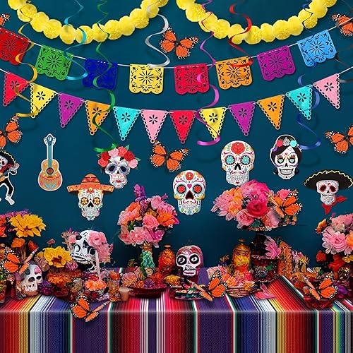 Miniatura 9 de Juego de 30 piezas de decoración del Día de los Muertos, guirnalda de caléndula de altar de Ofrendas, pancartas mexicanas, mantel de serape,