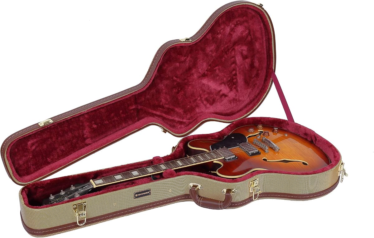 Crossrock Wooden Guitar Case Fits 335 Style 6-String Semi-Hollow Electric Guitars- Stainless Steel Latches, Sponge Lining, Metal Feet, Storage Space-Vinyl Tweed (CRW620SATW)