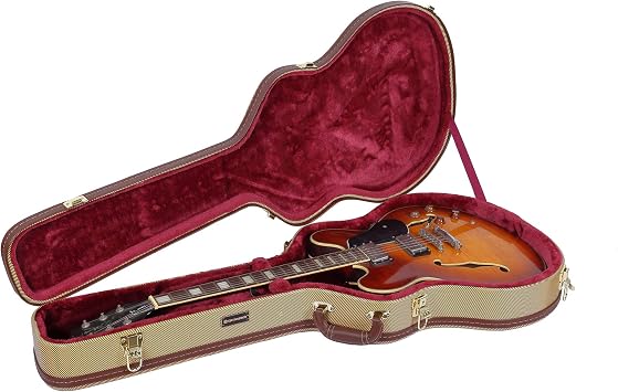 Crossrock Wooden Guitar Case Fits 335 Style 6-String Semi-Hollow Electric Guitars- Stainless Steel Latches, Sponge Lining, Metal Feet, Storage Space-Vinyl Tweed CRW620SATW