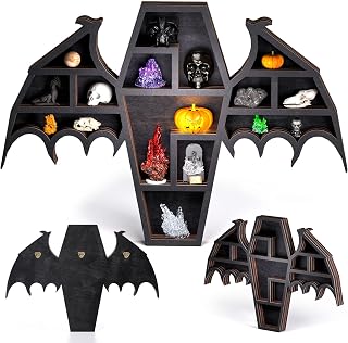 Qmetalart Coffin Shelf with Bat Wings, Wooden Gothic Decor for Display or Storage Rocks Mini Figures, Wall Hanging & Tabletop Crystal Display Shelf Gothic Home Decor