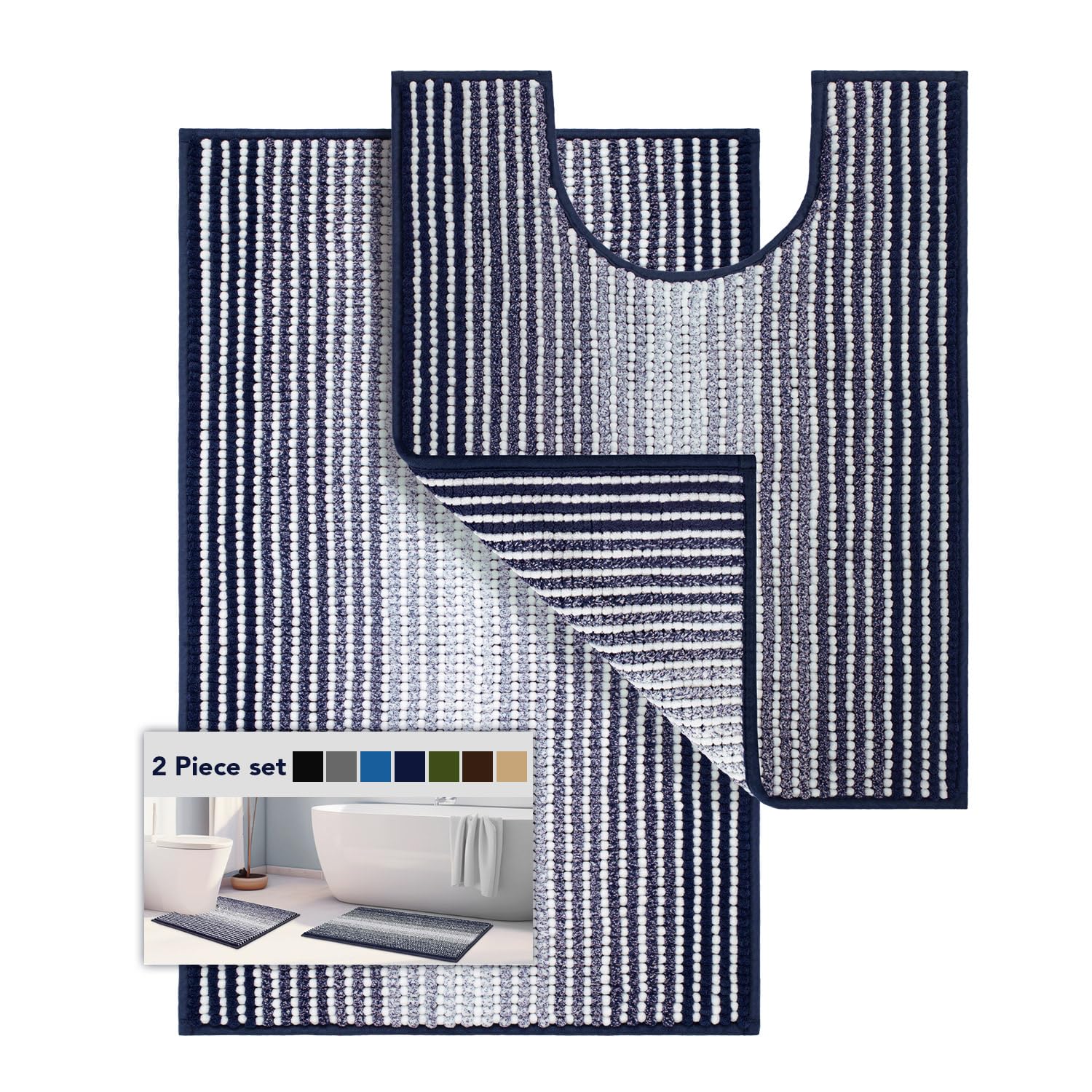 Juego de 2 alfombras de baño, alfombras de inodoro en forma de U, juego de alfombras de baño de contorno para inodoro, alfombra de baño de felpilla suave y absorbente, de secado rápido, lavable (azul