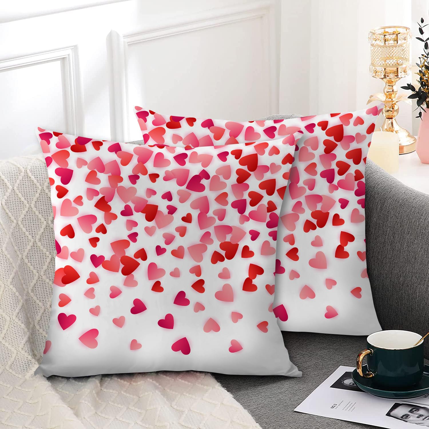 Valentine's Day Linen Pillow Covers Set Of 2 - 12x20 Inch Romantic Heart Decor For Sofa & Bed