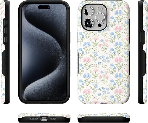 Vista 966 de Casely Funda para iPhone 15 Pro Jardín Secreto Flores mixtas Funda atrevida Compatible con MagSafe y botón de acción Jardín Secreto Floral