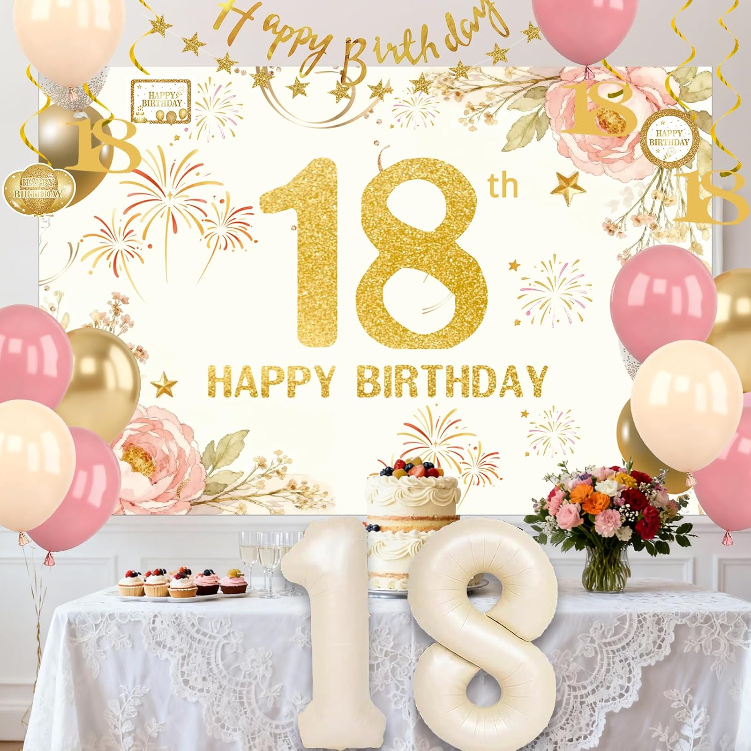 18th Birthday Decorations for Girls, Cream 18 Balloon Numbers Girl Happy 18th Birthday Banner Backdrop, 18 Year Old Party Decorations for Her Dusty Pink Gold Nude Balloons Streamers Party Supplies - Image 5