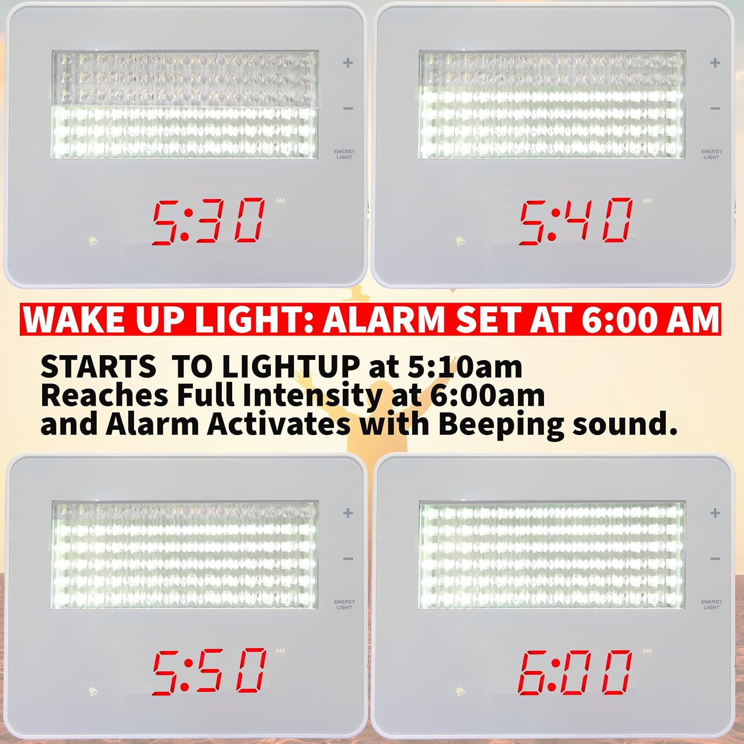 Wake Up Sunrise Light Alarm Clock Wake Up Therapy Light10,000 lux, Emulating Natural Sunlight, Heavy Sleepers, Bedroom, with Sunrise Simulation, Sleep Aid, Dual Alarms