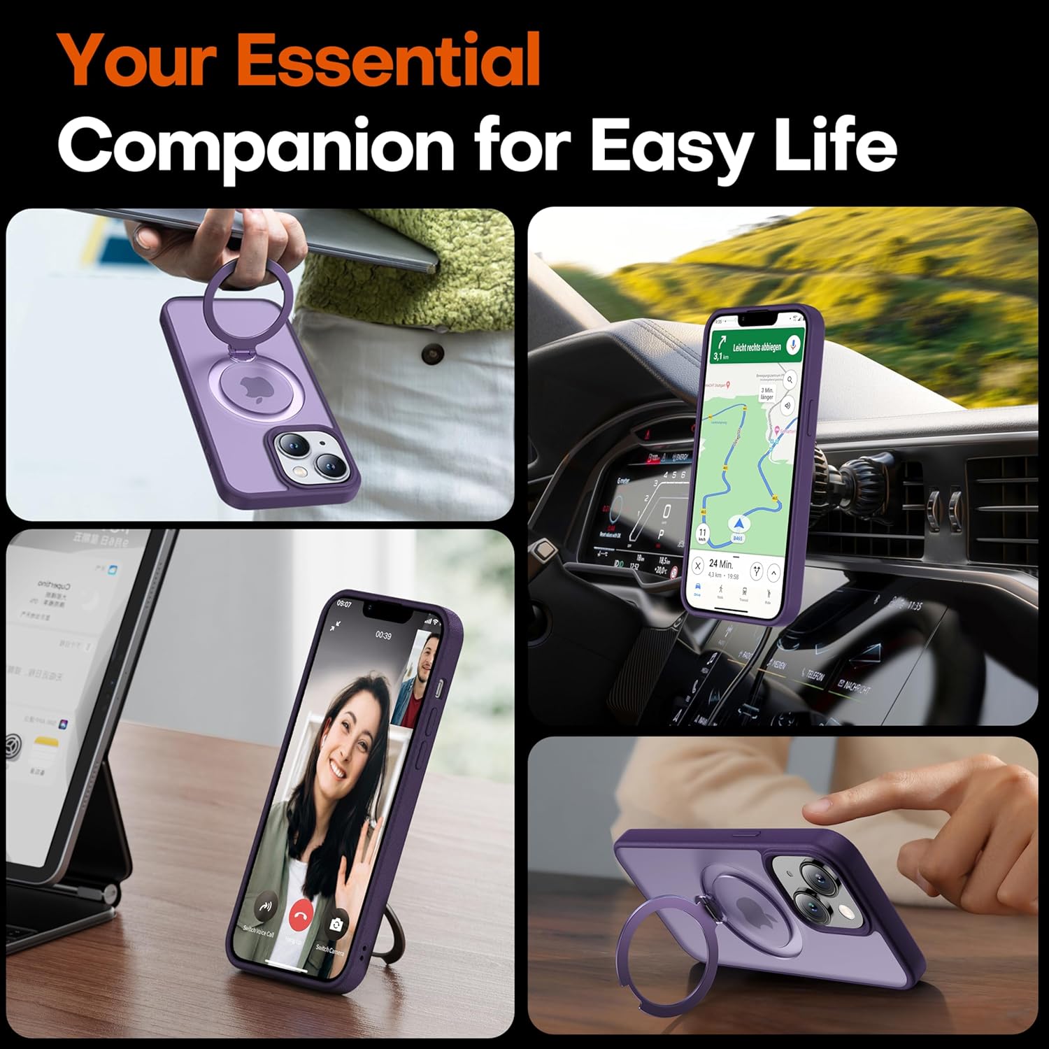 【2024 New Upgrade】 360° Spin Titanium Magnetic Stand for iPhone 14 Case [16FT Military Grade Shockproof] [Fit for MagSafe] Matte Translucent Slim Kickstand iPhone 14 Phone Cover 6.1'', Purple