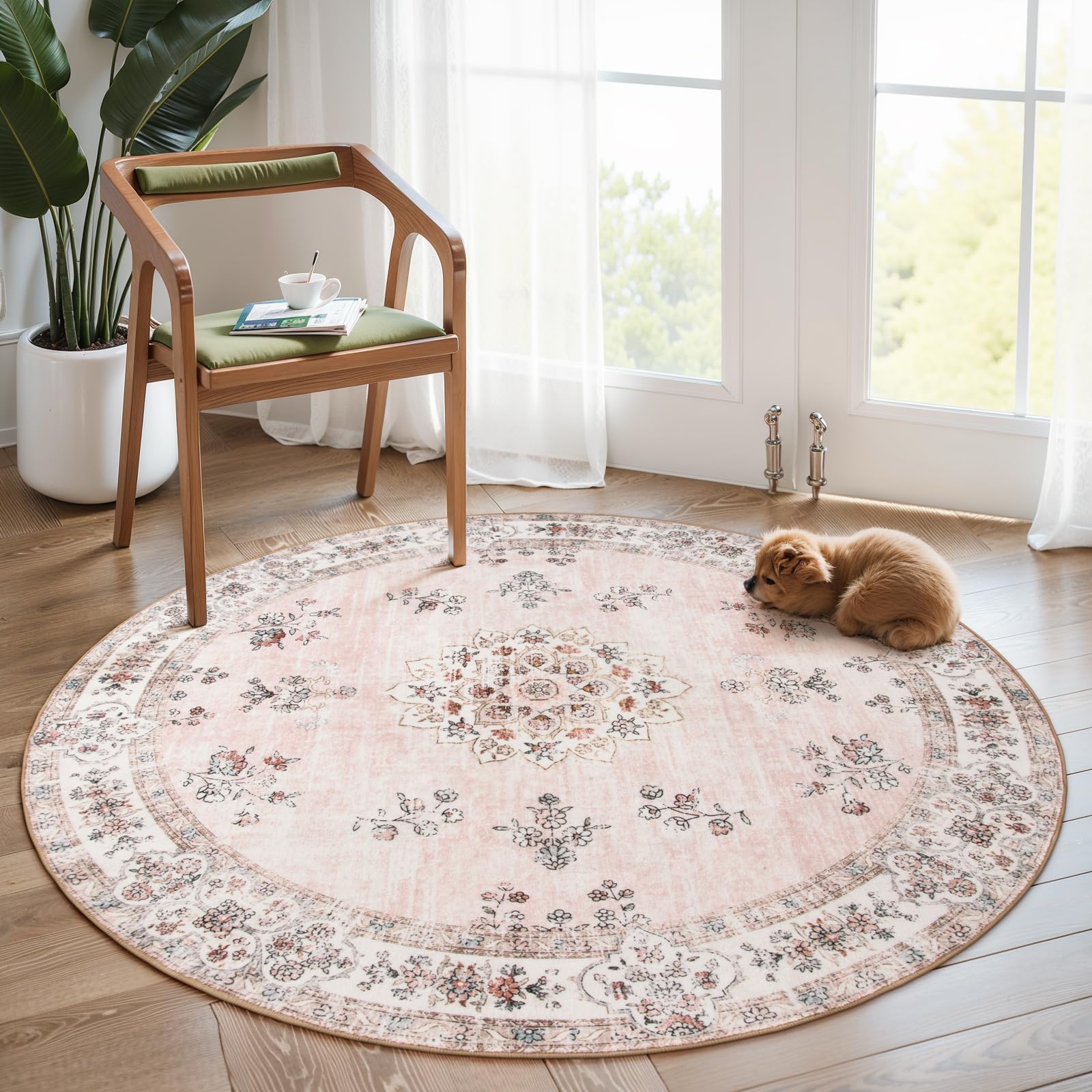 Lahome Washable Pink Round Rug 6ft, Soft Europe Vintage 6x6 Circle Rug for Nursery Girls Bedroom,Non-Slip Floral Pastel Circular Carpet for Living Room Corner Floor Home Office Decor