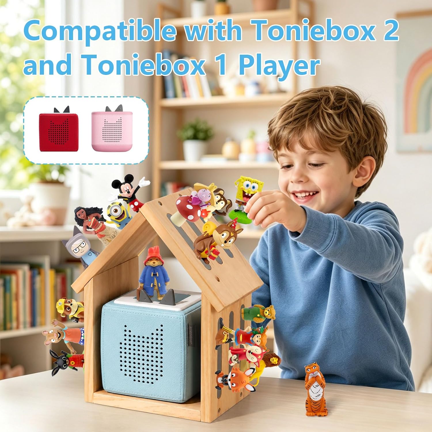 Tonies Shelf Magnetic House Shaped Tonies Storage Organizer for Tonies Box Compatible with Toniebox 1/2, Holds 35 Figures Upside Down Hanging, Solid Pine Wood Easy Install