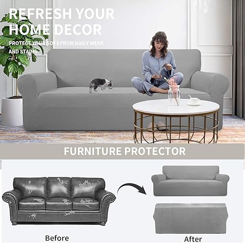 Vista 91 de Easy-Going - Funda elástica para sofá biplaza, 1 pieza, suave, con parte inferior elástica, protector para niños, tela jacquard de elastano y Gris