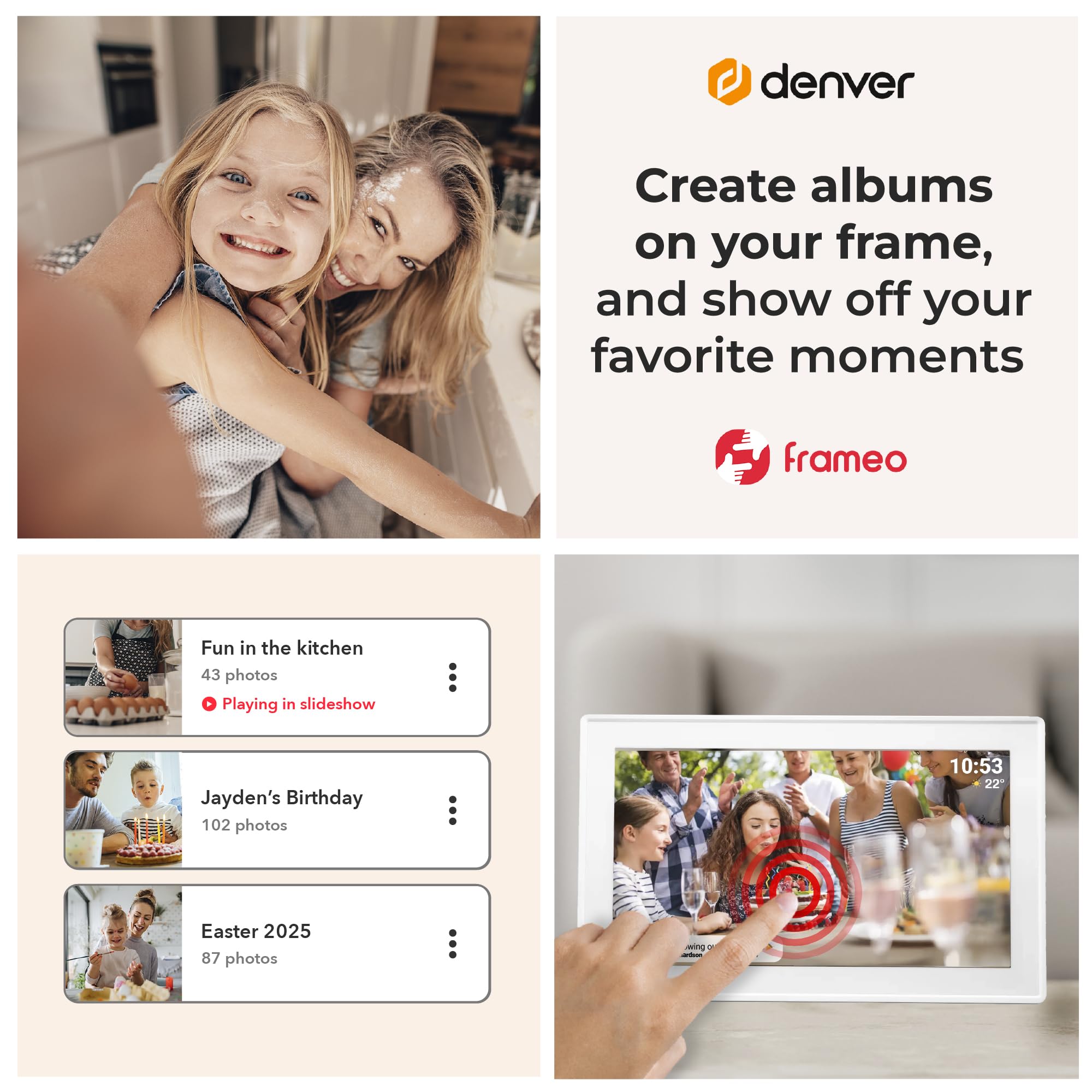Denver PFF-1515W cyfrowa ramka na zdjęcia Wi-Fi – ekran dotykowy Full HD IPS 15,6", zintegrowane oprogramowanie FRAMEO, bezprzewodowe udostępnianie, automatyczne wyłączanie nocne, pamięć 16 GB, biała