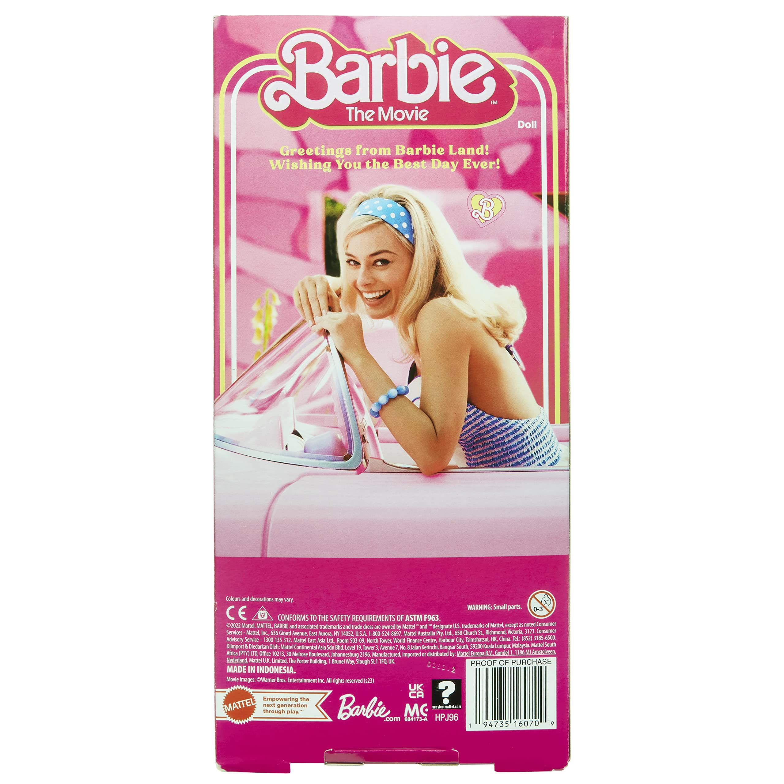 Barbie The Movie Doll, Margot Robbie as Barbie, Collectible Doll Wearing Pink and White Gingham Dress with Daisy Chain Necklace, HPJ96