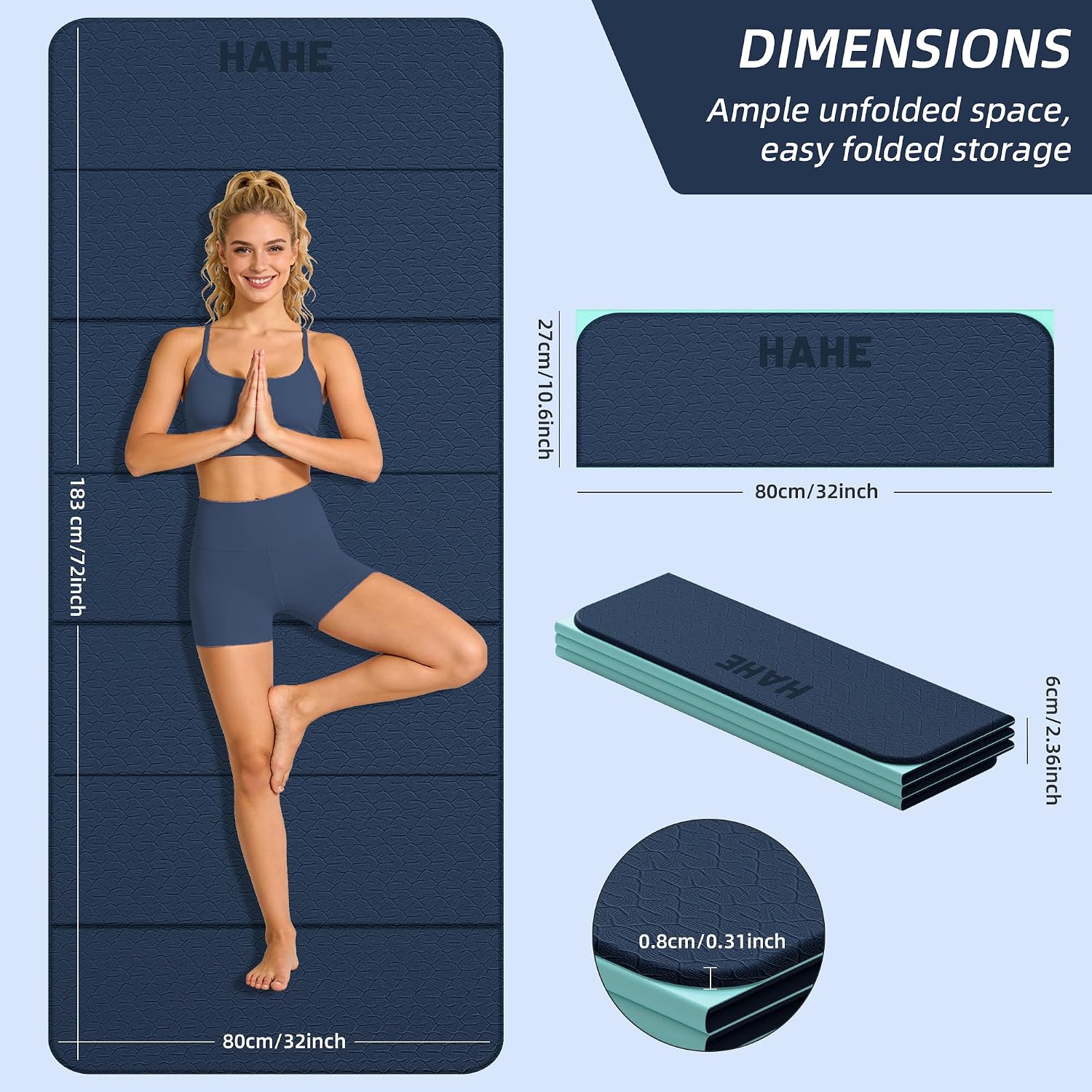 HAHE Foldable Yoga Exercise Mat, 74"Lx32"Wx1/3"Thick, TPE Workout Mat | Multi-purpose Wide Folding Yoga Mats with Non-slip Surface,Portable for Yoga/Pilates/Home Gym,7-Fold Portable for Women & Men