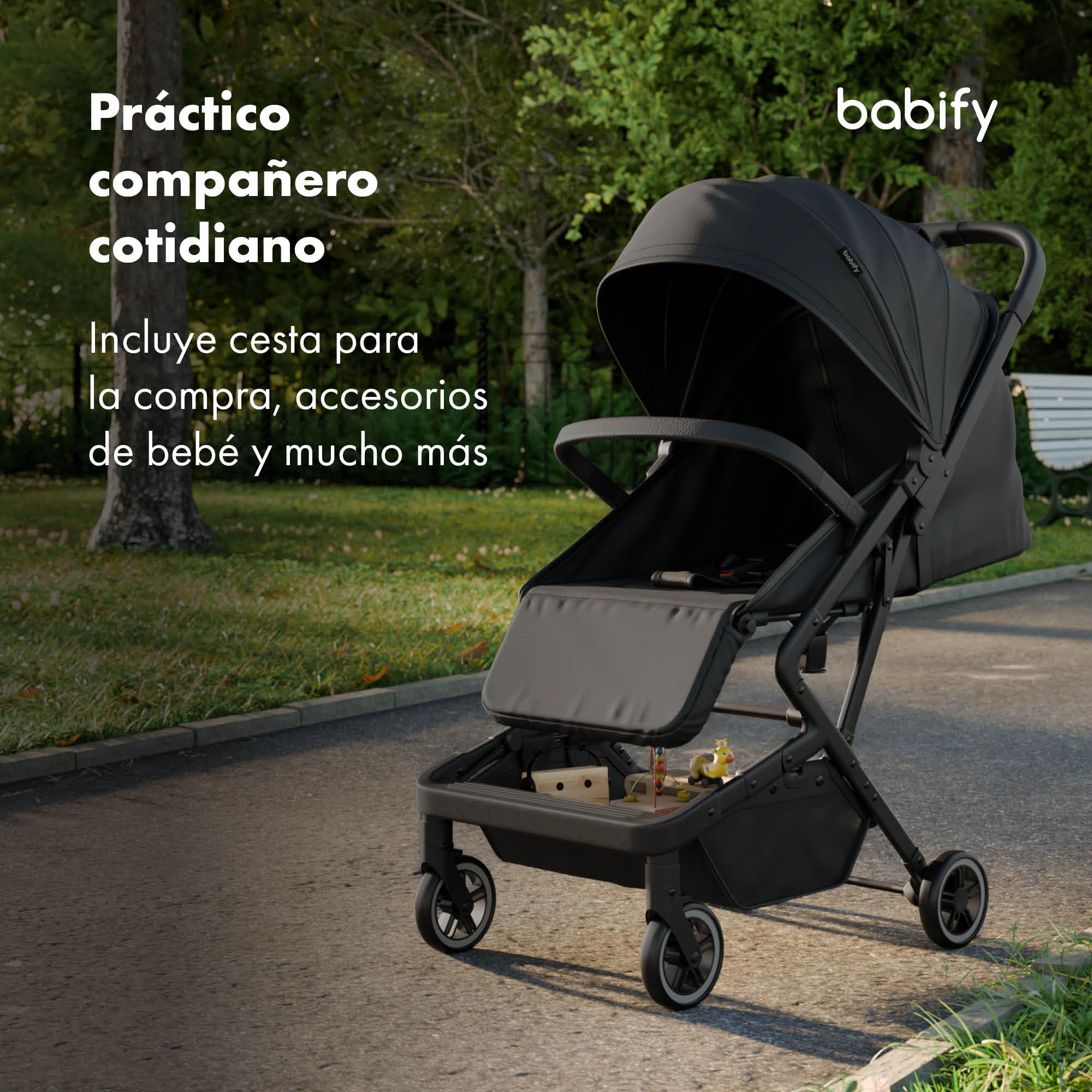Babify Carrito Bebe Urban Ease - Desde Nacimiento a 4 Años (22 kg), Plegado con Una Mano, Reclinable, Reposapiés Ajustable, Revestimiento Extraíble, Cesta, Capota con Ventana, Silla Ligera, Negro