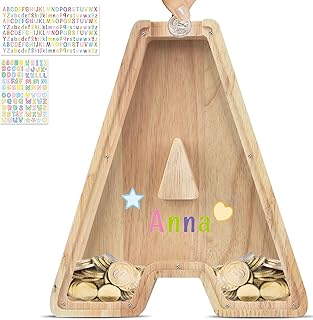 Large Size Wooden Letter Piggy Bank, 9.1in Personalized Wood Money Bank Alphabet A Coin Savings Box Storage Tank with DIY Name Letter Sticker for Kids Creative Toys Birthday Gift Home Decor