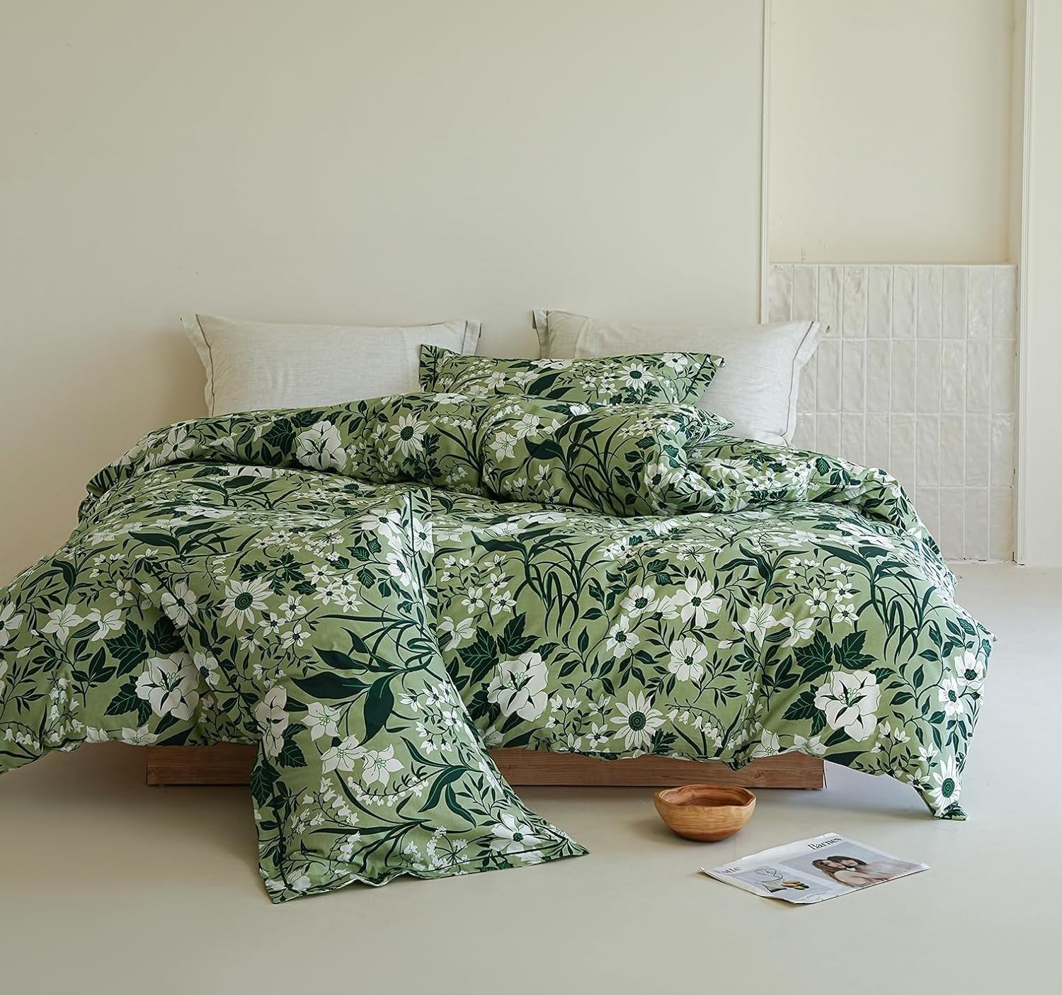 Green Floral Comforter Queen Size - 100% Organic Cotton Comforter Set 3pcs, Botanical Print Soft Bedding Set