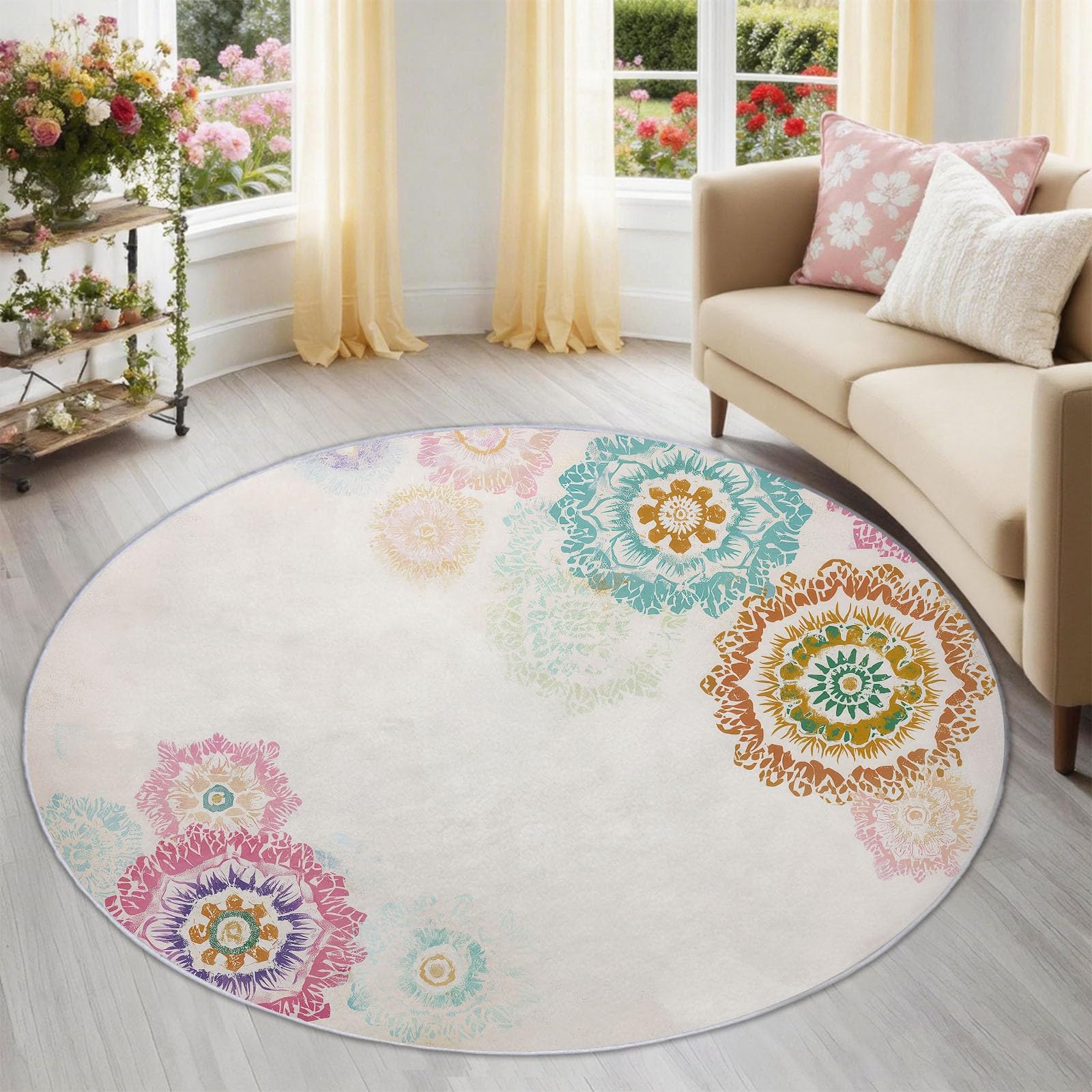 Blumen Mandala Teppich Rund Schlafzimmer 120 cm, Traditionell Fein rutschfest Teppich Waschbar, Beige Kurzflor Weich & Sicher Teppiche für Studie Büro