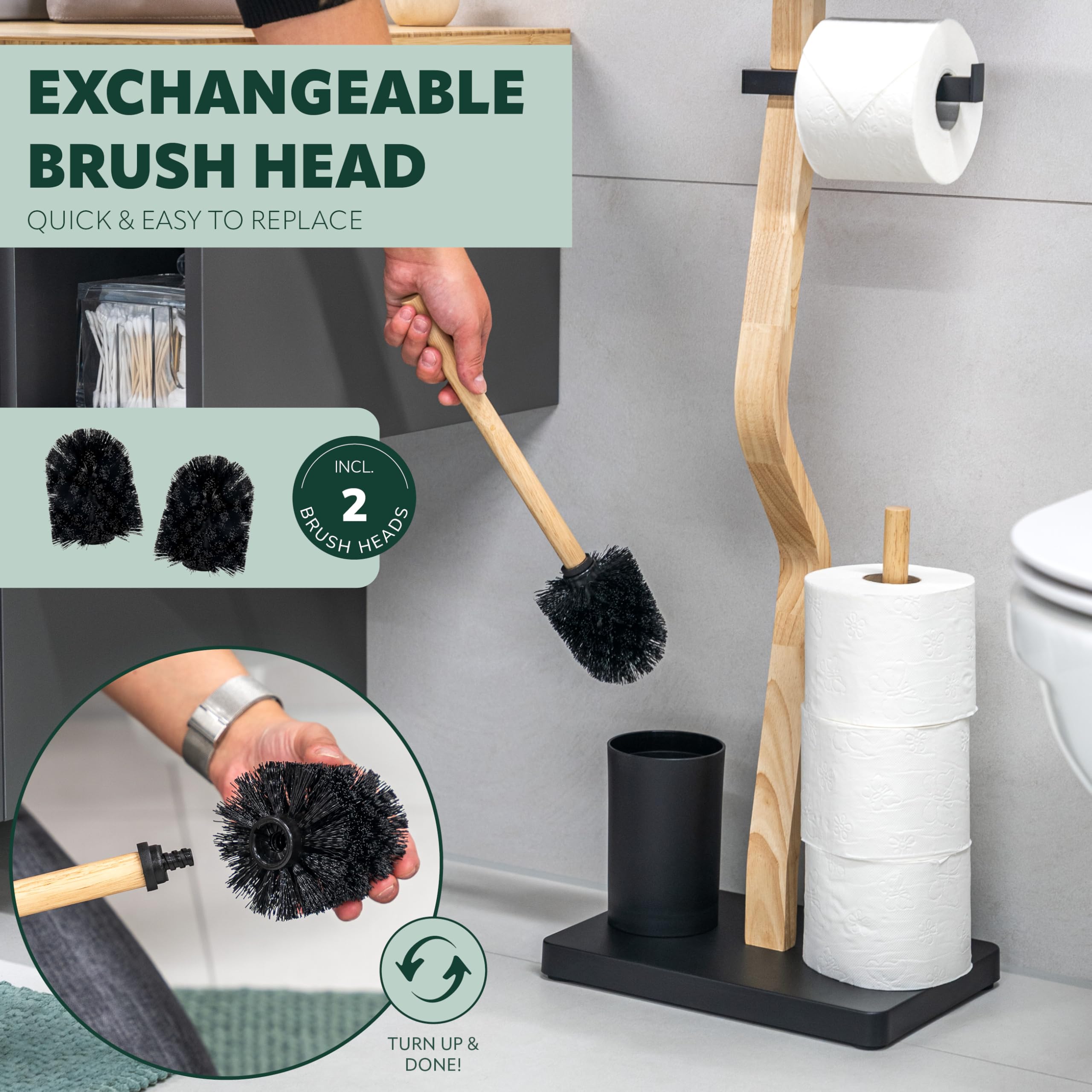eluno Set WC 4 in 1, set WC autoportante con scopino per WC, 2 testine di ricambio, porta rotolo per 3 ruote e ripiano, in legno certificato FSC e metallo (nero)