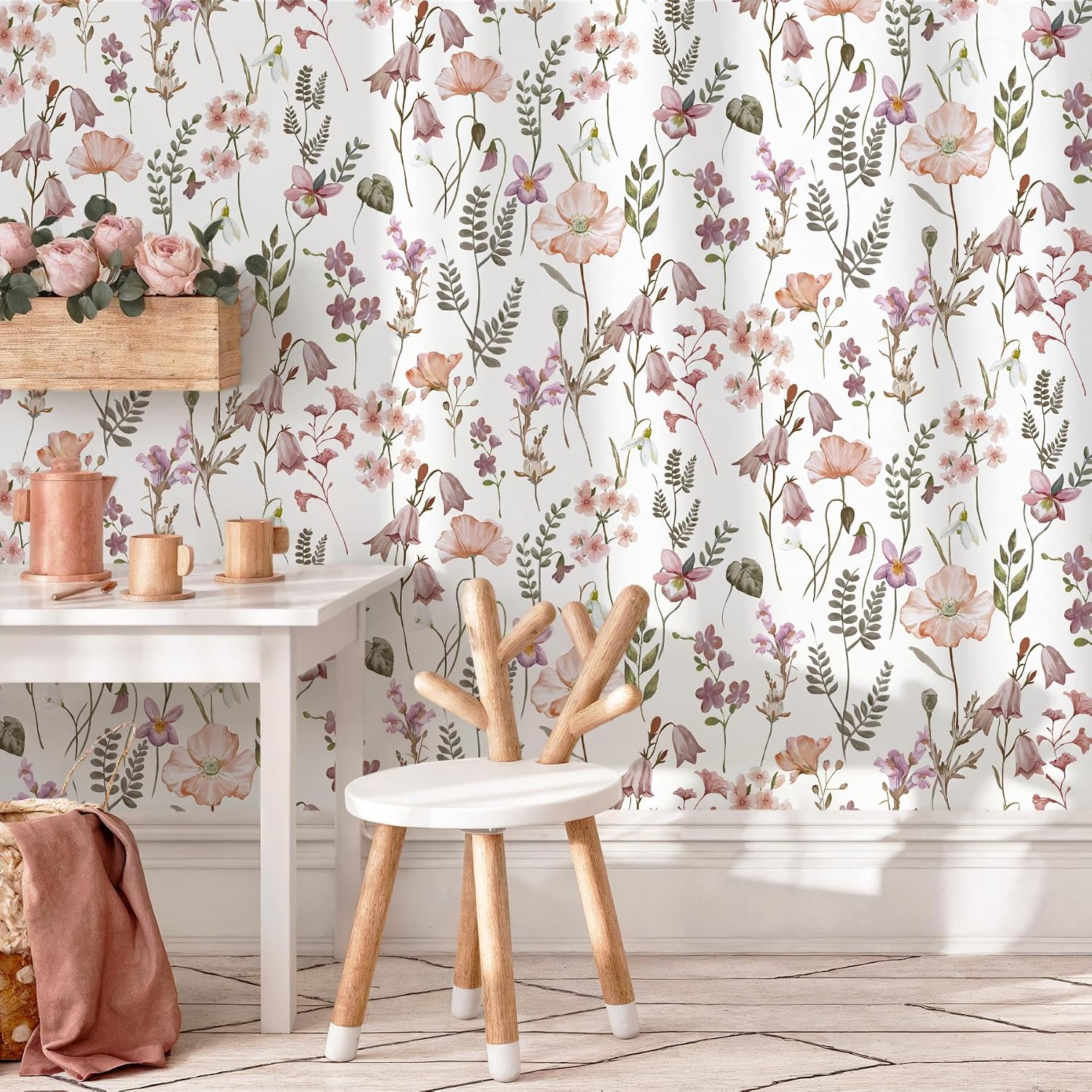 Safiyya Vintage Wallpaper Peel and Stick Pink Floral Contact Paper Wildflowers Botanical Wall Paper Self Adhesive Farmhouse Removable Wallpaper for Bedroom Bathroom Vinyl Roll 17.3"x 78.7"