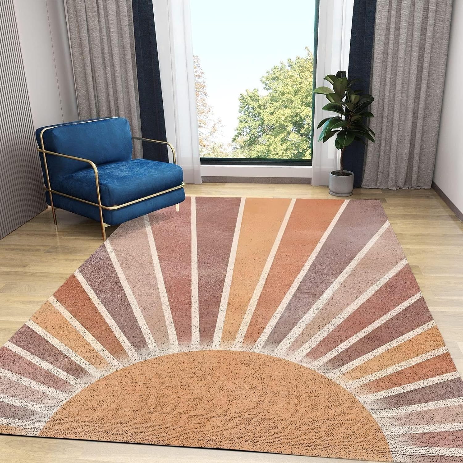 Boho Sun Area Rug, Abstract Art Vintage Rainbow Rugs Modern Geometry Floor Carpet, Orange Beige Indoor Non-Slip Kids Rugs for Bedroom, Living Room Bathroom Classroom Office（2x3ft）