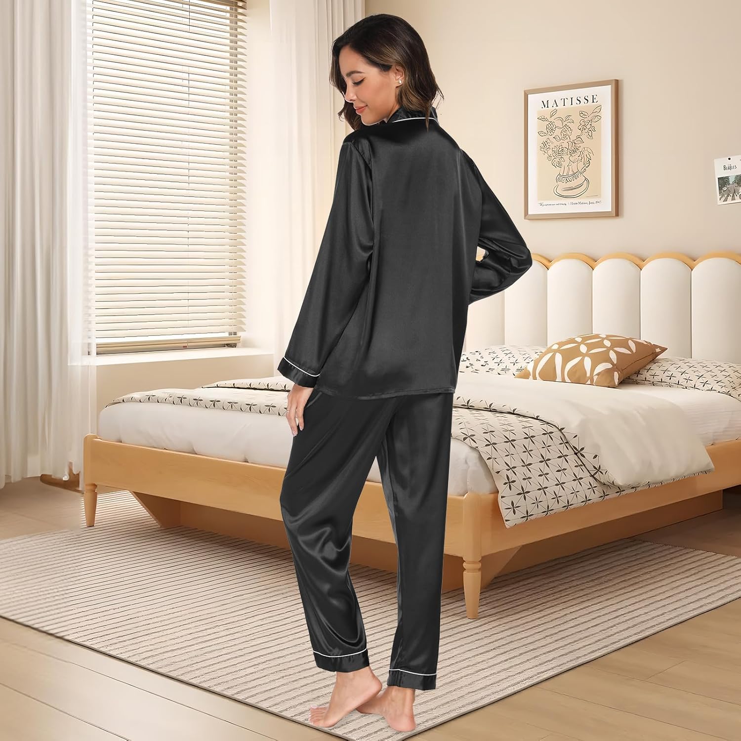 Silk Pajamas for Women Set Long Sleeve Satin Pj Set Two Piece Soft Sleepwear Classic Button Down Loungewear with Pockets - Image 2