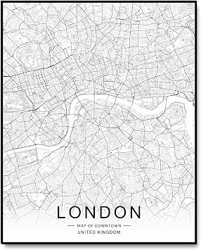 ZEARPT London City Downtown Map Wall Art Print - Black and White - 8x10 inches - Unframed - Modern/Contemporary Style - Home Office