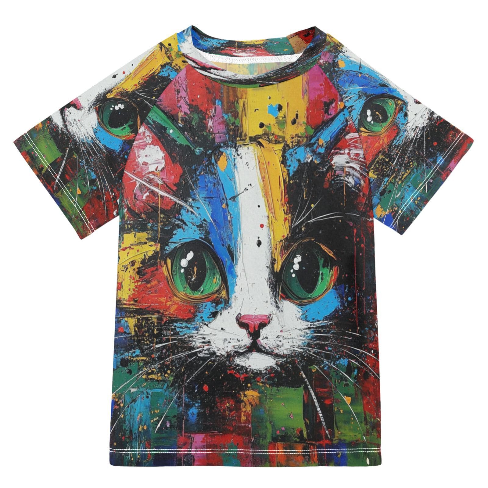 Boys Sun Shirts UV Protection Short Sleeve Rash Guard Swim Shirt Cat Water Shirt Rashguard 7-8T,16