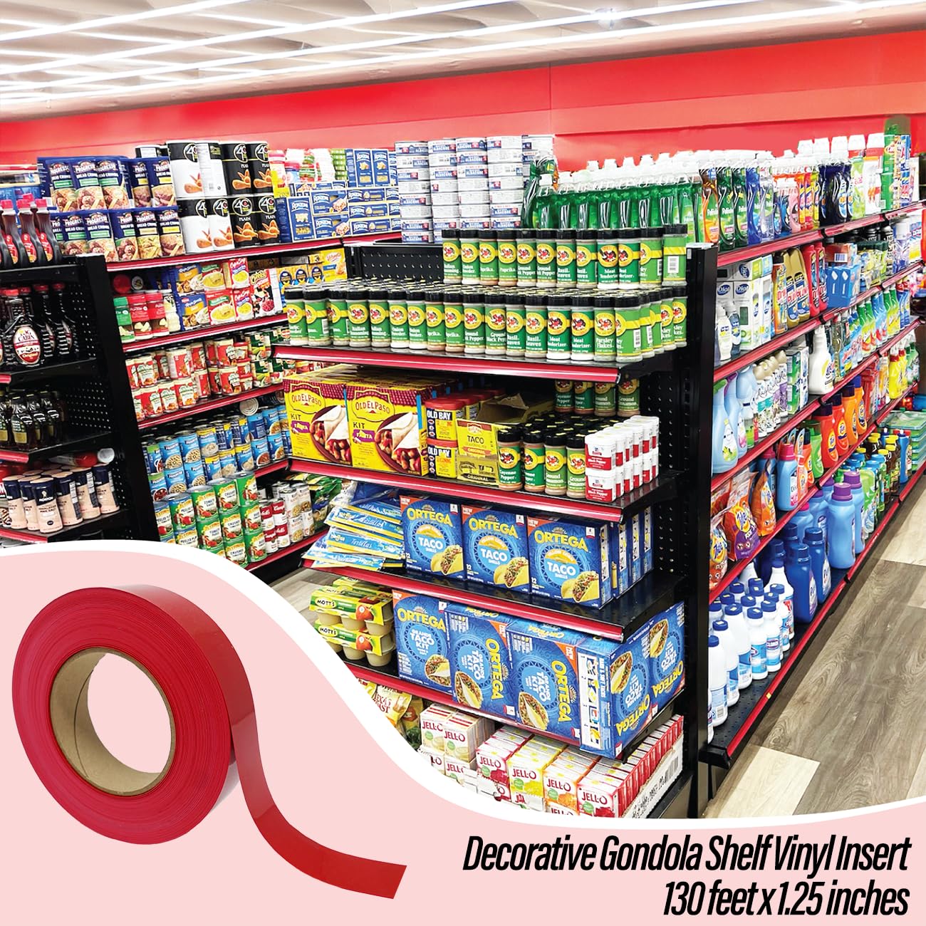 Decorative Gondola Shelving Vinyl Insert for Ticket Channel 130 FT. x 1.25 in. - Red