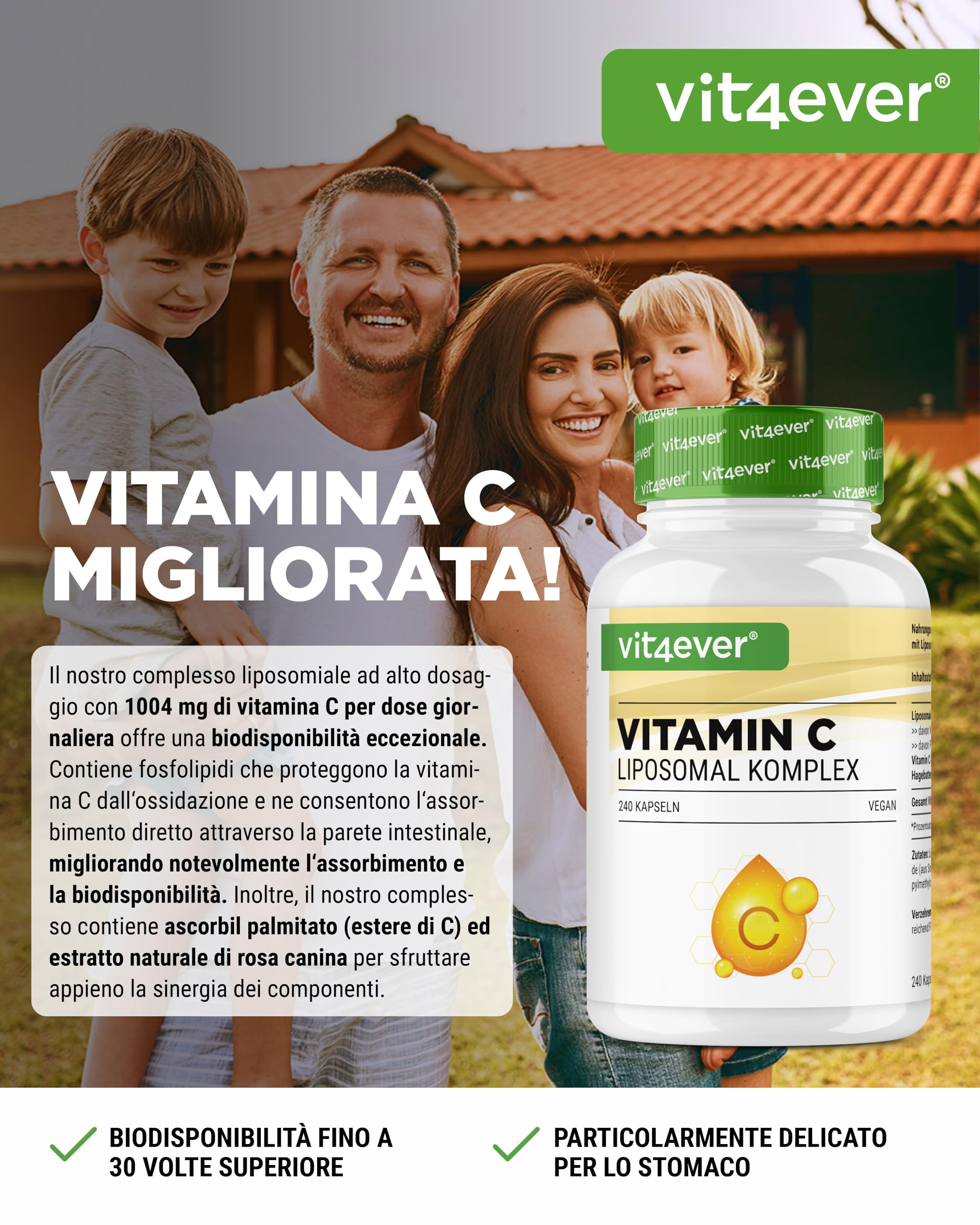 Vitamina C liposomiale - 240 capsule vegane - Premium: altamente dosata con 1000 mg di vitamina C pura al giorno - Biodisponibilità particolarmente elevata
