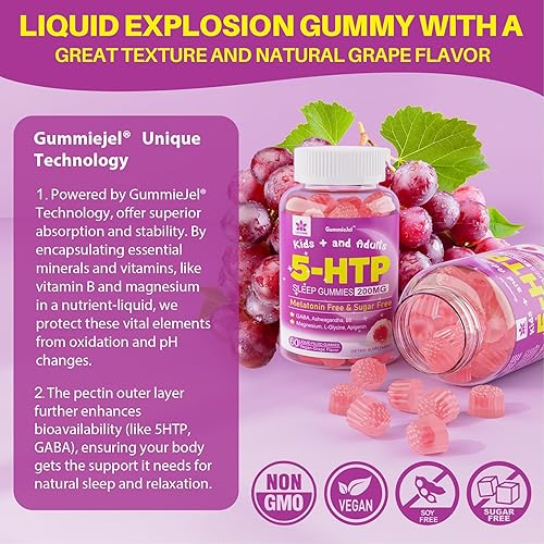 Miniatura 7 de Gomitas 5HTP para adultos y niños mayores de 8 años, gomitas sin melatonina con glicinato de magnesio, GABA, L-glicina, Ashwagandha, vitamina B6