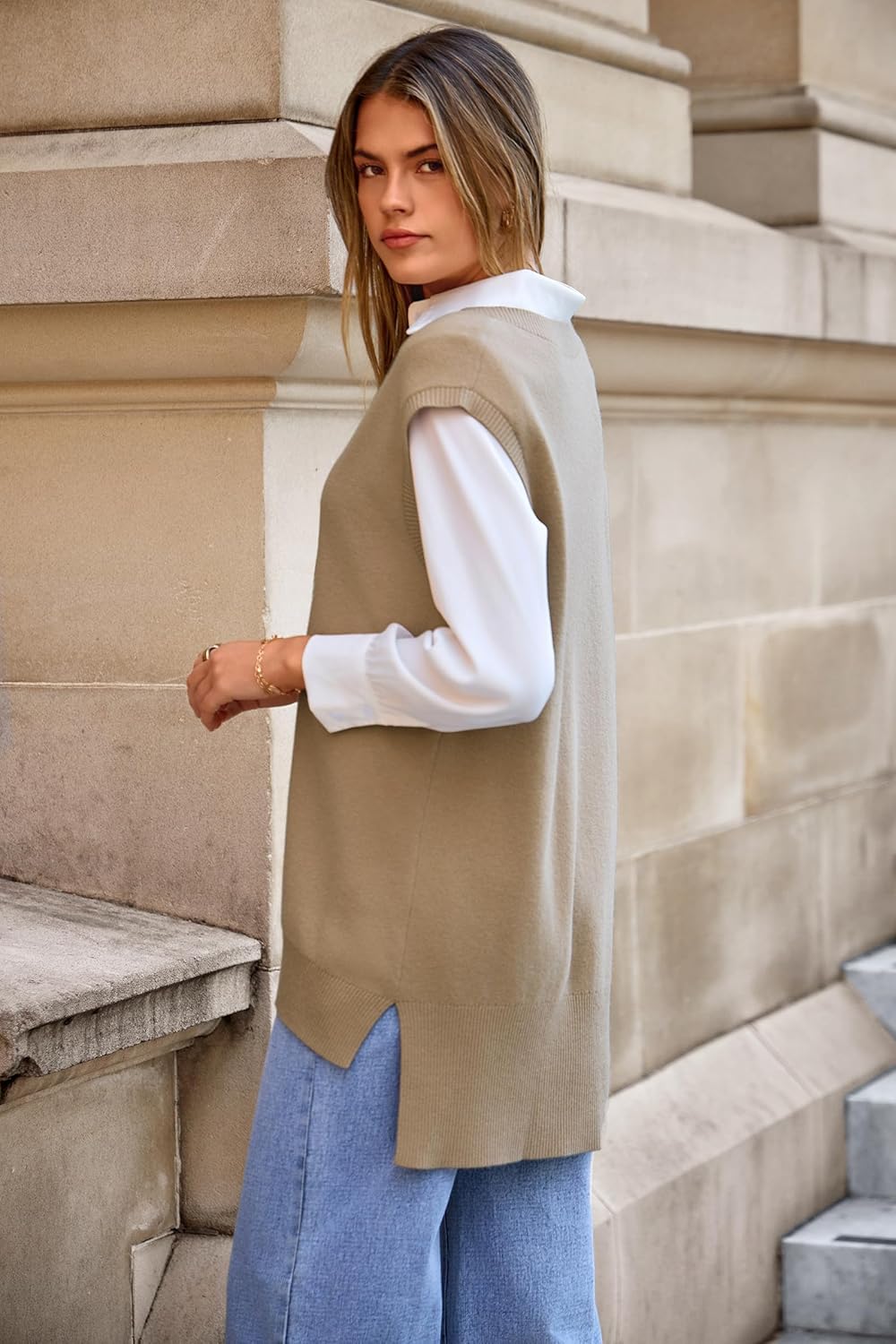 Arach&Cloz Women's Wool Blend Side Slit High Low Versatile V Neck Fall Sweater Vests 2025 - Image 2