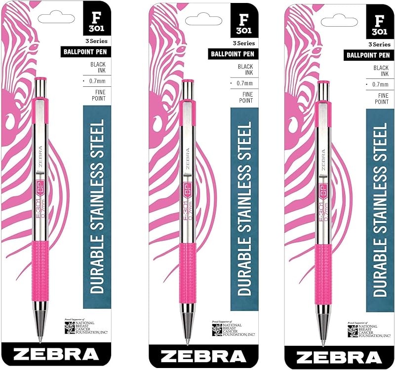 Bolígrafo retráctil Zebra F-301 de acero inoxidable, 0,7 mm, cuerpo rosa BCA, tinta negra (3)