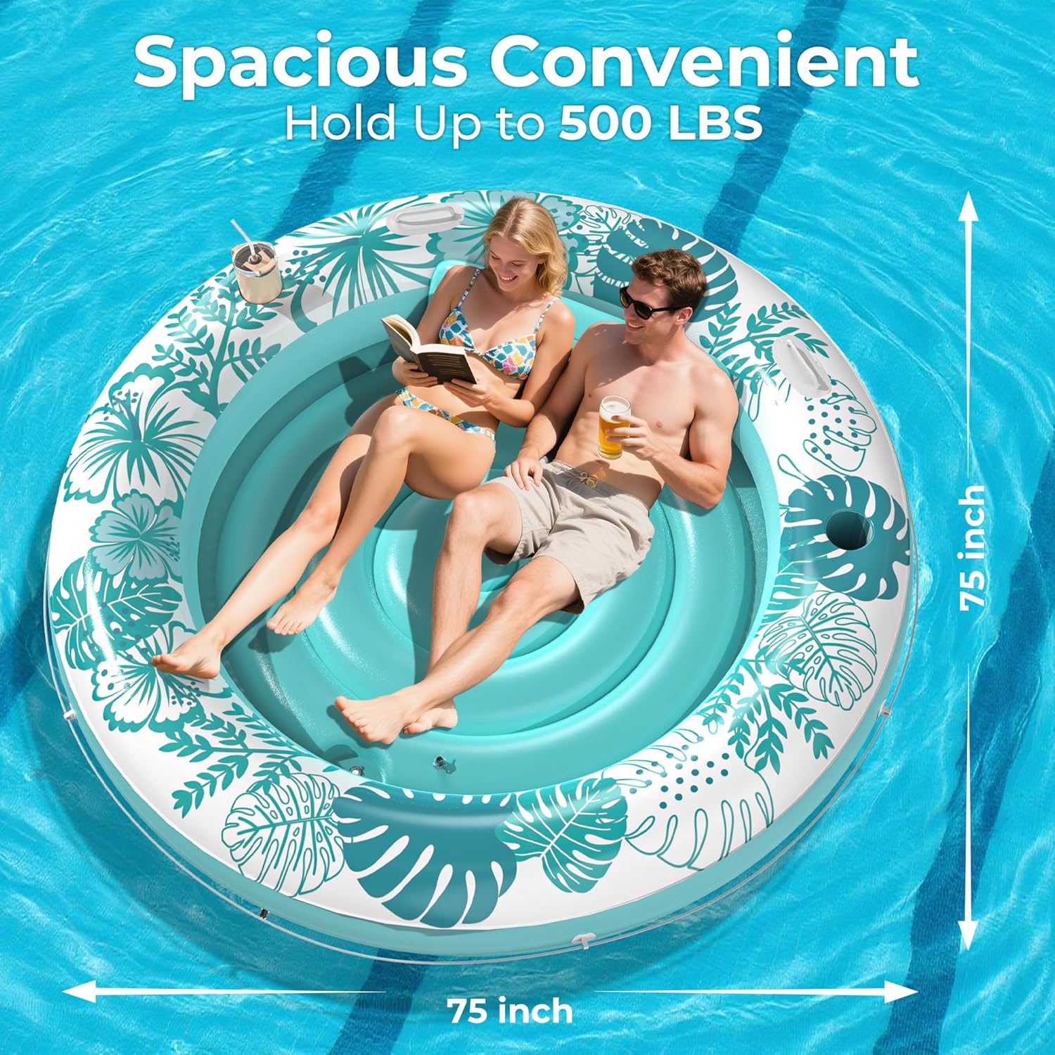 Inflatable Tanning Pool Lounger Float with Protection Tarp, 75" x 75" Pool Floats Adult with Pillow, 6 in 1 Suntan Tub Raft Floatie, Sunbathing Water Lounge Blow Up Pool Kids Ball Pit Party Gifts