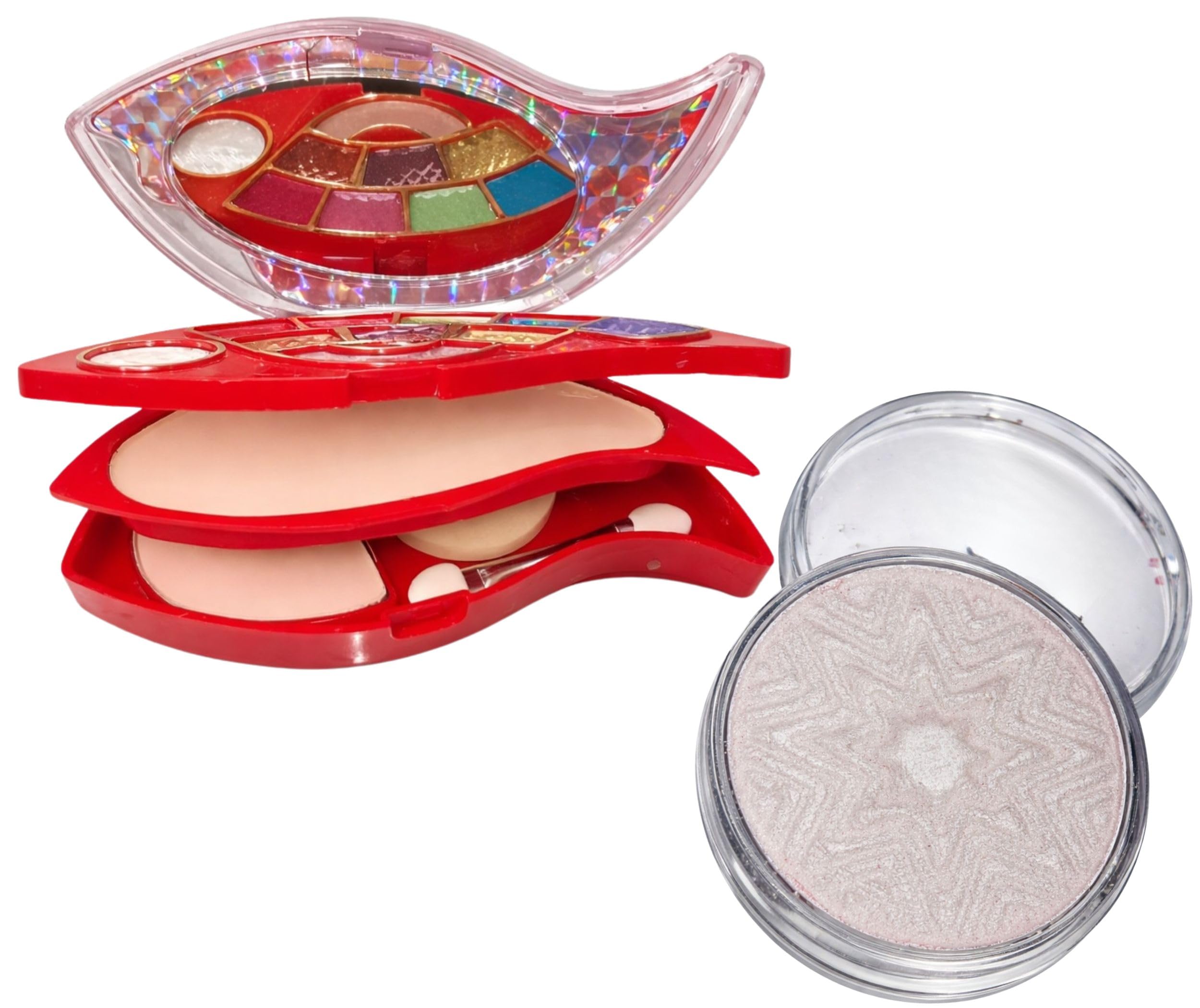 2-in-1 Multi-Layer Leaf Shape Makeup Palette & Face Glow Highlighter Combo Kit | Includes Multi-Color Eyeshadow & Compact Powder Tier Set with Shimmer Silver White Illuminator | Complete Cosmetic Gift Set for Girls & Women-image-28