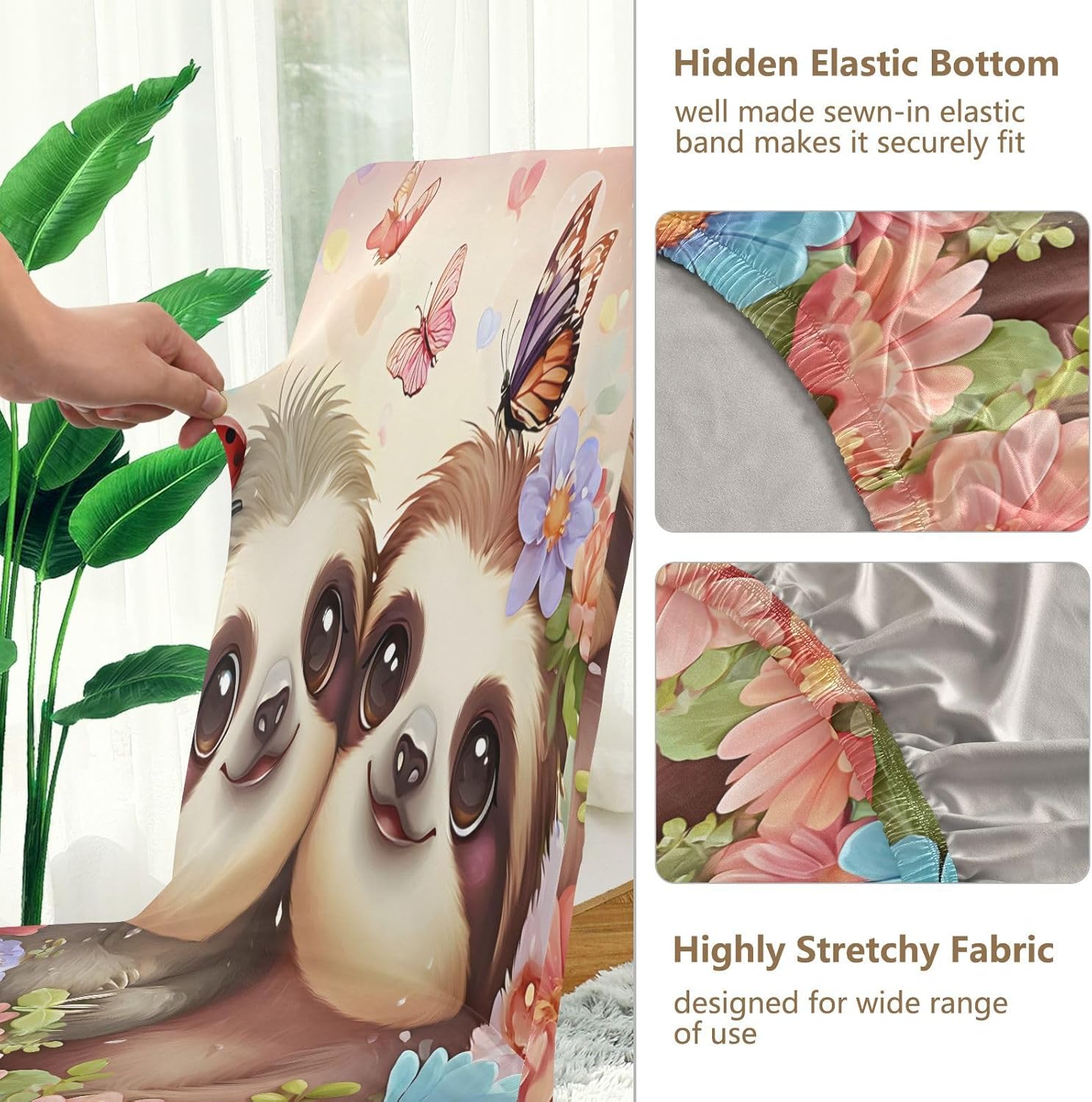 ALAZA Chair Covers for Dining Room, A Sloth Couple with Flower Butterflies Stretch Chair Cover Sets Chair Protector Removable Washable for Ktichen Restaurant Hotel