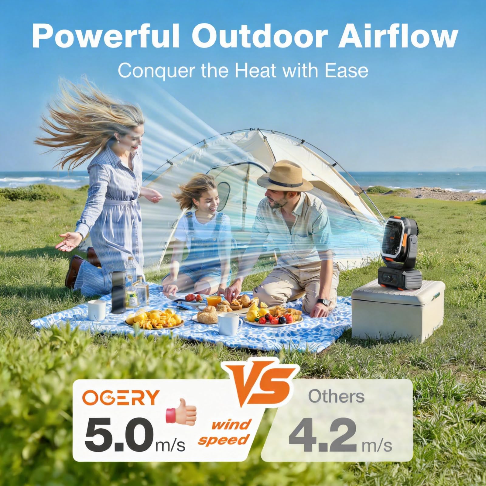 OGERY Camping Ventilator, Tragbarer Ventilator Wiederaufladbar mit 20000mAh Akku, Stufenlose Geschwindigkeitsregelung, Schnellladung, Fernbedienung & LED Laterne für Zelt, Reisen, Auto Camping