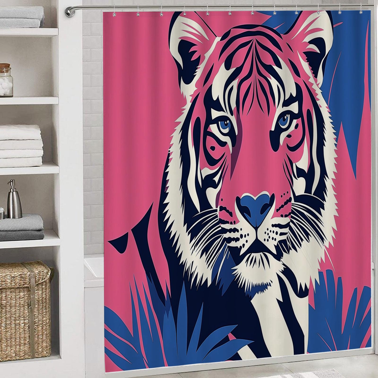 Cortinas de Baño Poliester Lavable, Animales Graffitis Cortina de Ducha, Silueta De Tigre Cortina Ducha 200x200cm, Estampado Cortina Bañera Secado Rápido con 12 x Ganchos
