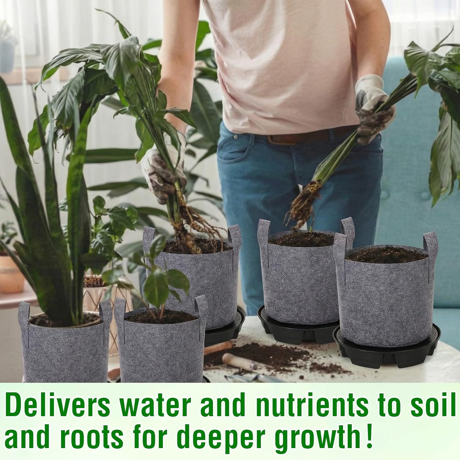 Jingmore 6 Set Self Watering Fabric Pot Base 3 Gallon Plant Nonwoven Grow Bags Automatic Watering System Plant Saucer Elevated Flower Trays with Handles for Fruits Vegetables Flowers Grow(Grey)