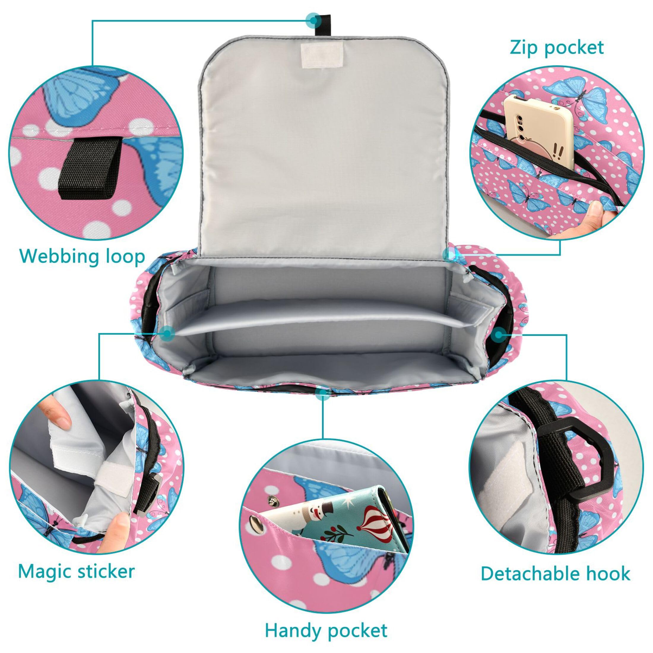 Burbuja Light Blue Butterflies Stroller Organizer with Insulated Cup Holders, Non-Slip Stroller Caddy Universal Fits Most Strollers, Nursery Accessories