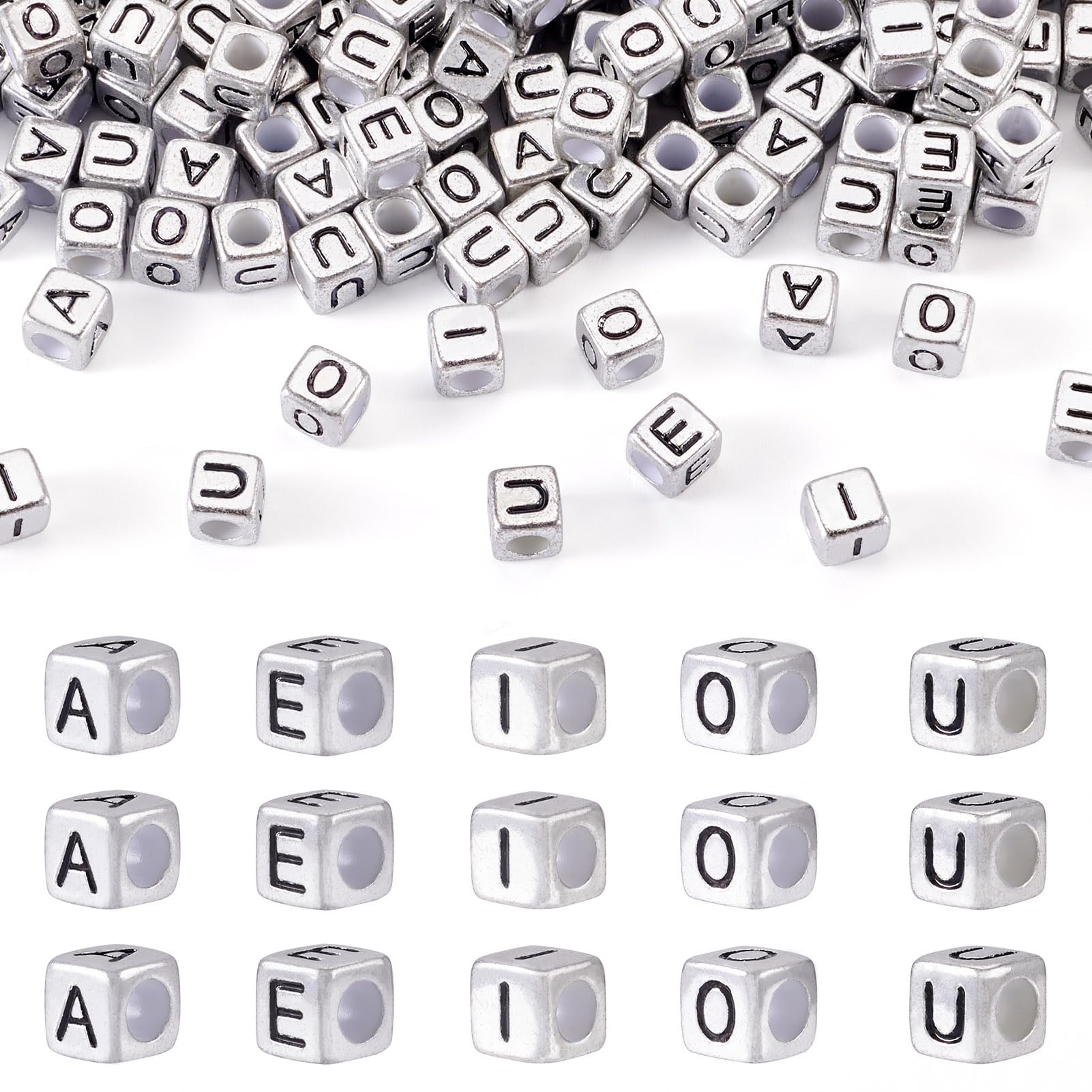 FASHEWELRY 200Pcs Silver Square Letter Beads 6mm - Vowel Alphabet A/E/I/O/U For DIY Jewelry Making