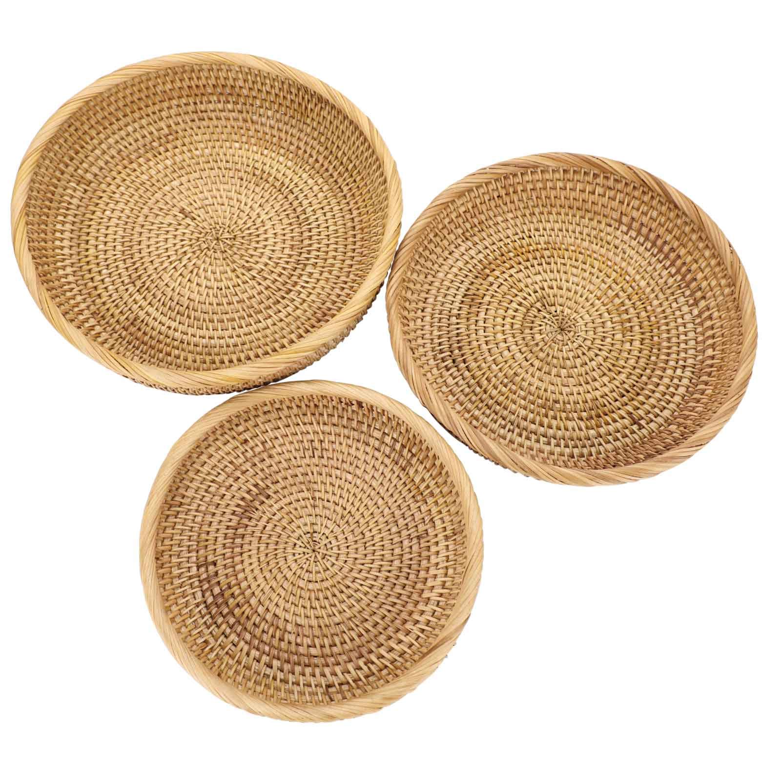Set of 3 Rattan Woven Fruit Basket Bowl - Handmade Wicker Food Vegetable Storage Tray Snack Organizer Bowl Breakfast Serving Tray Holder for Dinning Room Kitchen Home Decor Tray