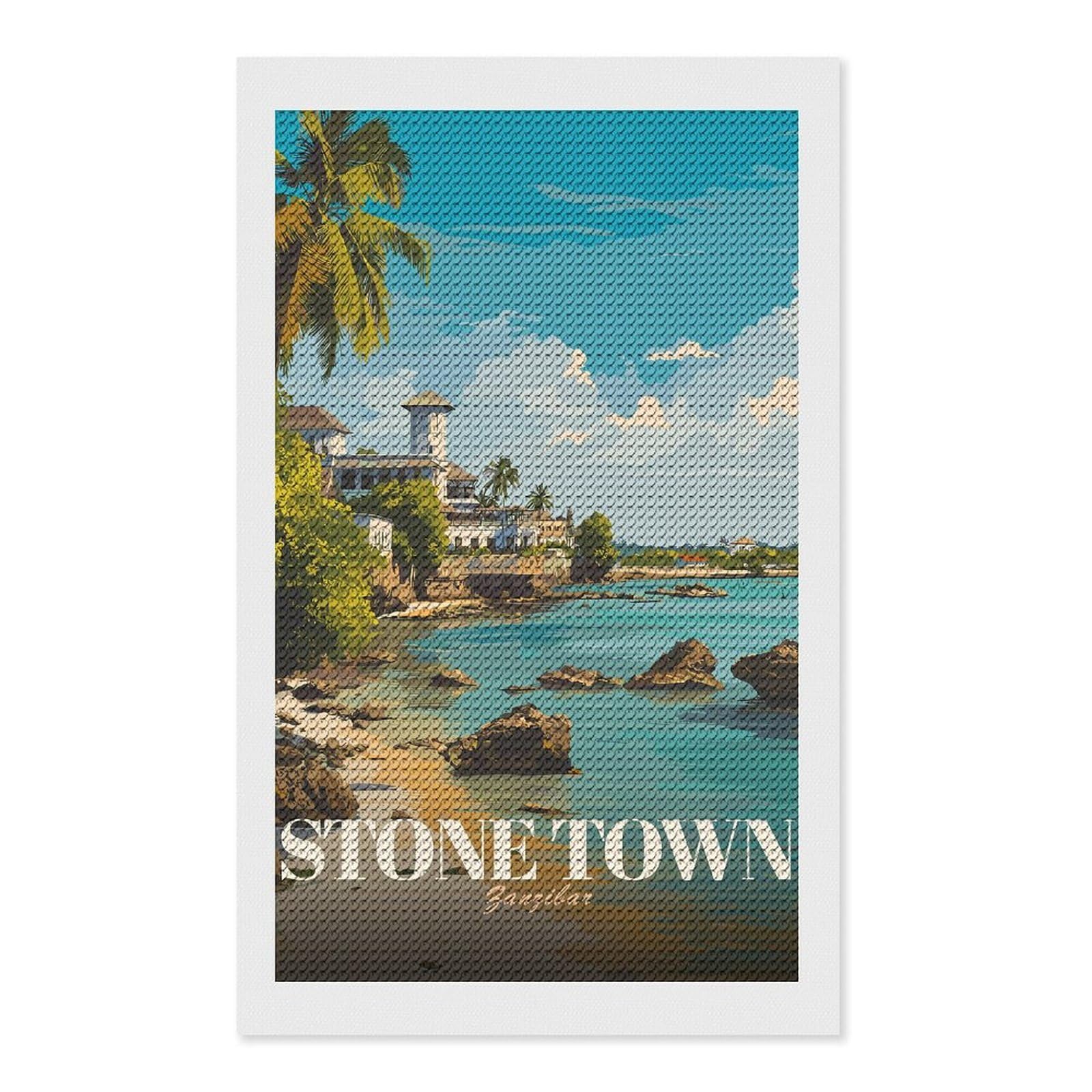 Junmoney Stone Town Zanzibar Travel Diamond Painting Canvas Set 12"x20", for Adults, Bedroom Decor, Good for Quiet Evenings, Festive Craft Gift