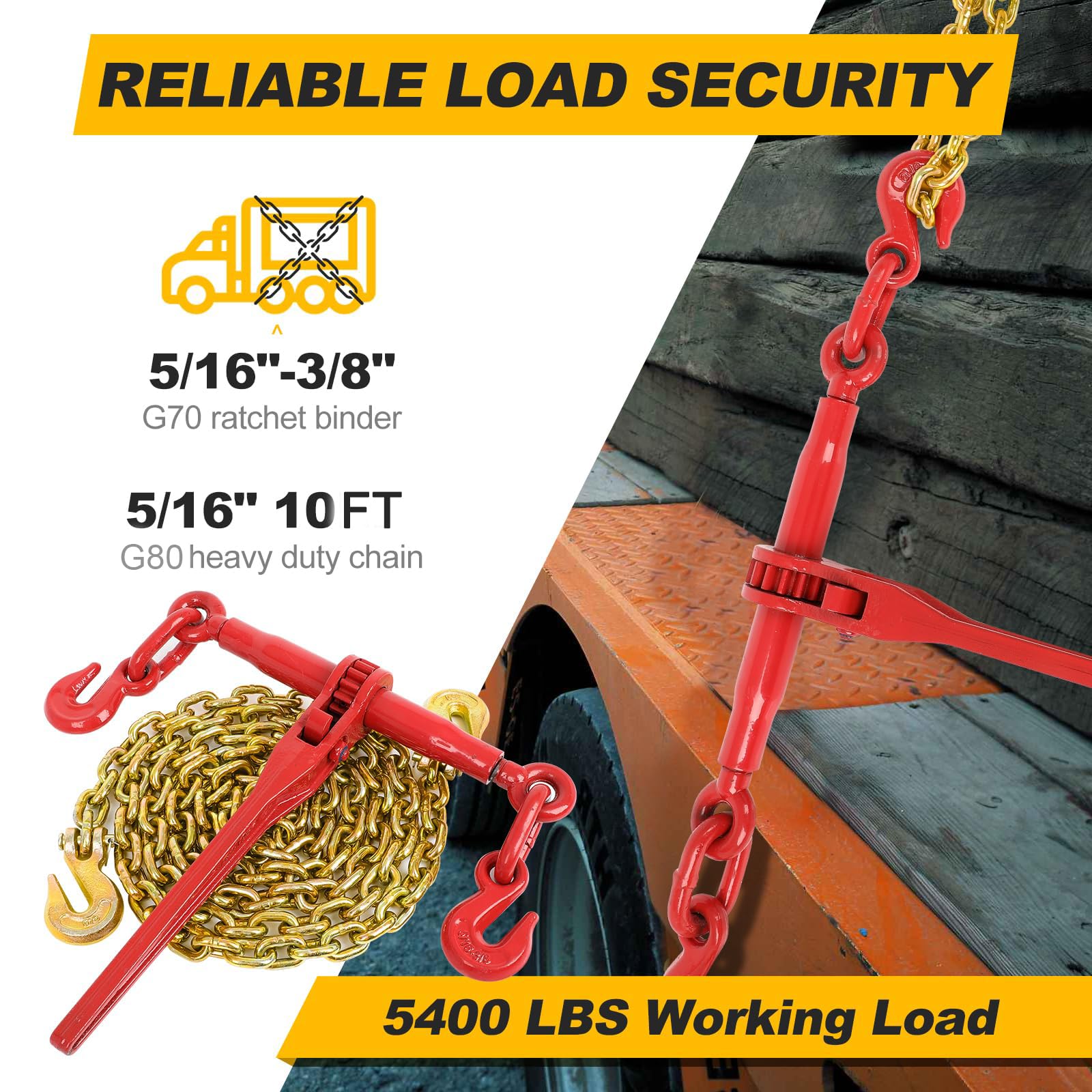 GCCSJ 5/16 "-3/8" Ratschenkettenbinder mit 1769 kg, 5/16 Zoll x 30 m Binderkette, mit Greifhaken, zum Festbinden schwerer Lasten an einem LKW oder Flachbettanhänger