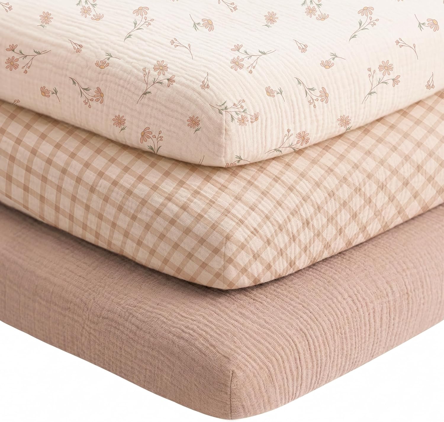 Niceye Muslin Bassinet Sheets 3-Pack (33" x 21") | 100% Cotton, Soft & Breathable, Fits Rectangle Bassinet & Bedside Sleeper Mattresses, For Baby Girl Boy